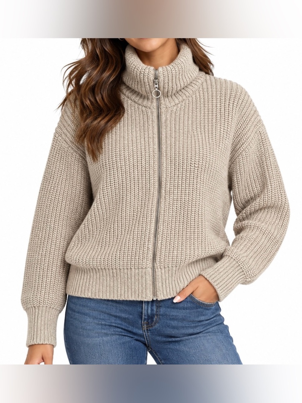 Old Navy Women’s Medium Oatmeal Speckled Chunky Knit Zip-Up Sweater Wool Blend